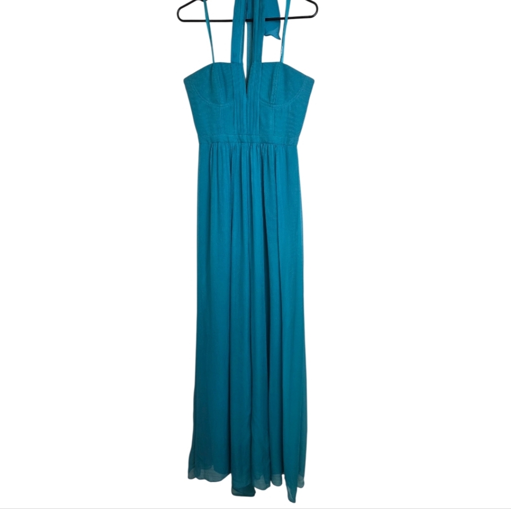 NWT BCBGMAXAZRIA Starr 100 % Silk Halter Gown 6 Blue jade Underwire Support glam
